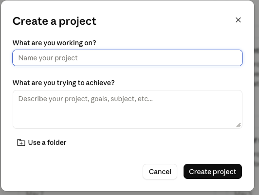 The Create a project screen in Claude, showing the Use a folder option